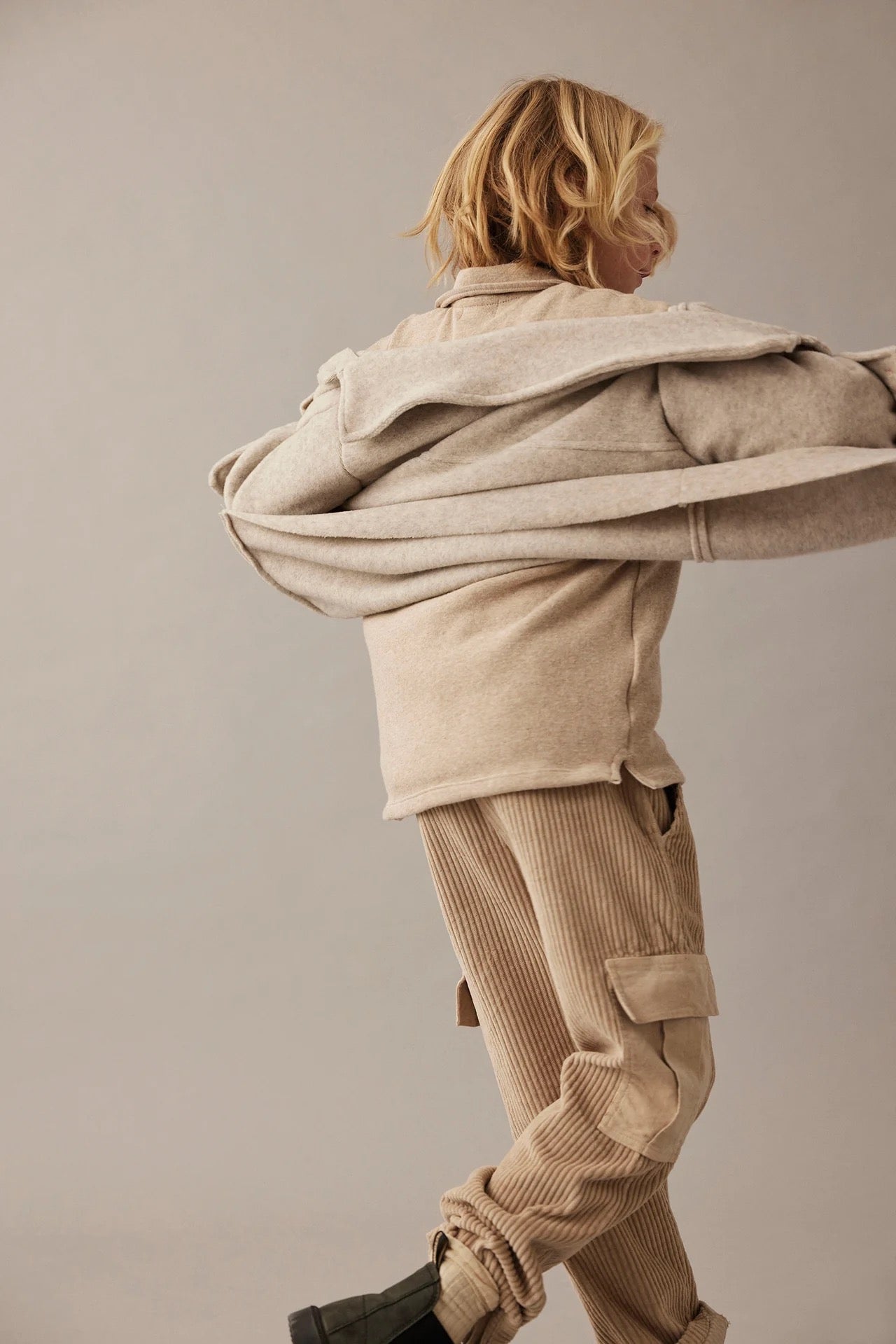Organic Cotton Wide Corduroy Cargo Pants || Stone