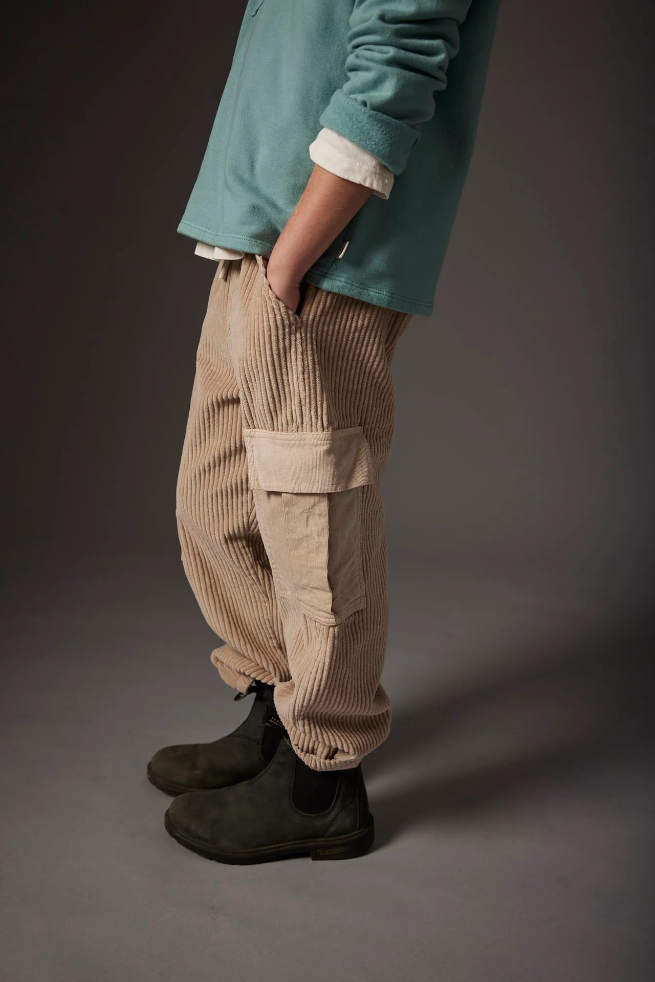 Organic Cotton Wide Corduroy Cargo Pants || Stone