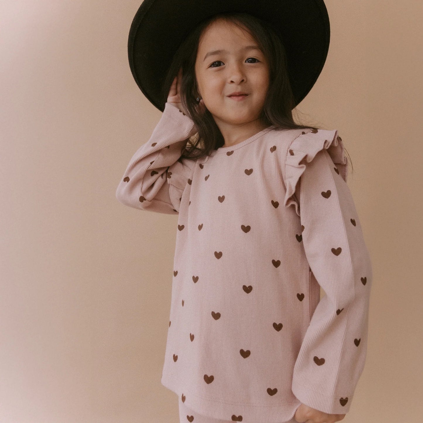 Organic Ruffle Long Sleeve Top - Set of Two- Hearts & Dusty Rose