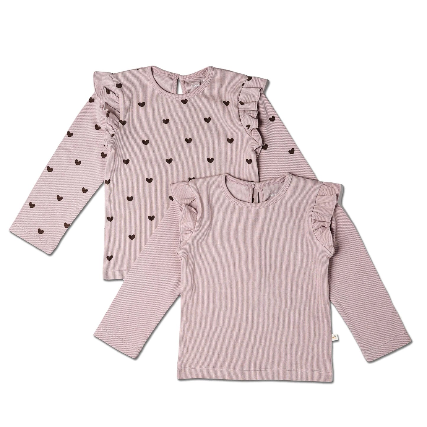 Organic Ruffle Long Sleeve Top - Set of Two- Hearts & Dusty Rose
