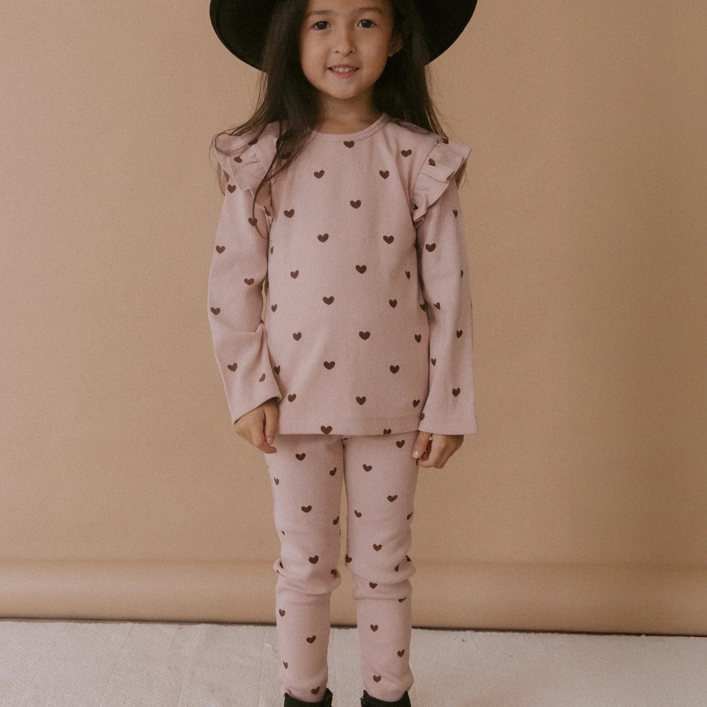 Organic Ruffle Long Sleeve Top - Set of Two- Hearts & Dusty Rose