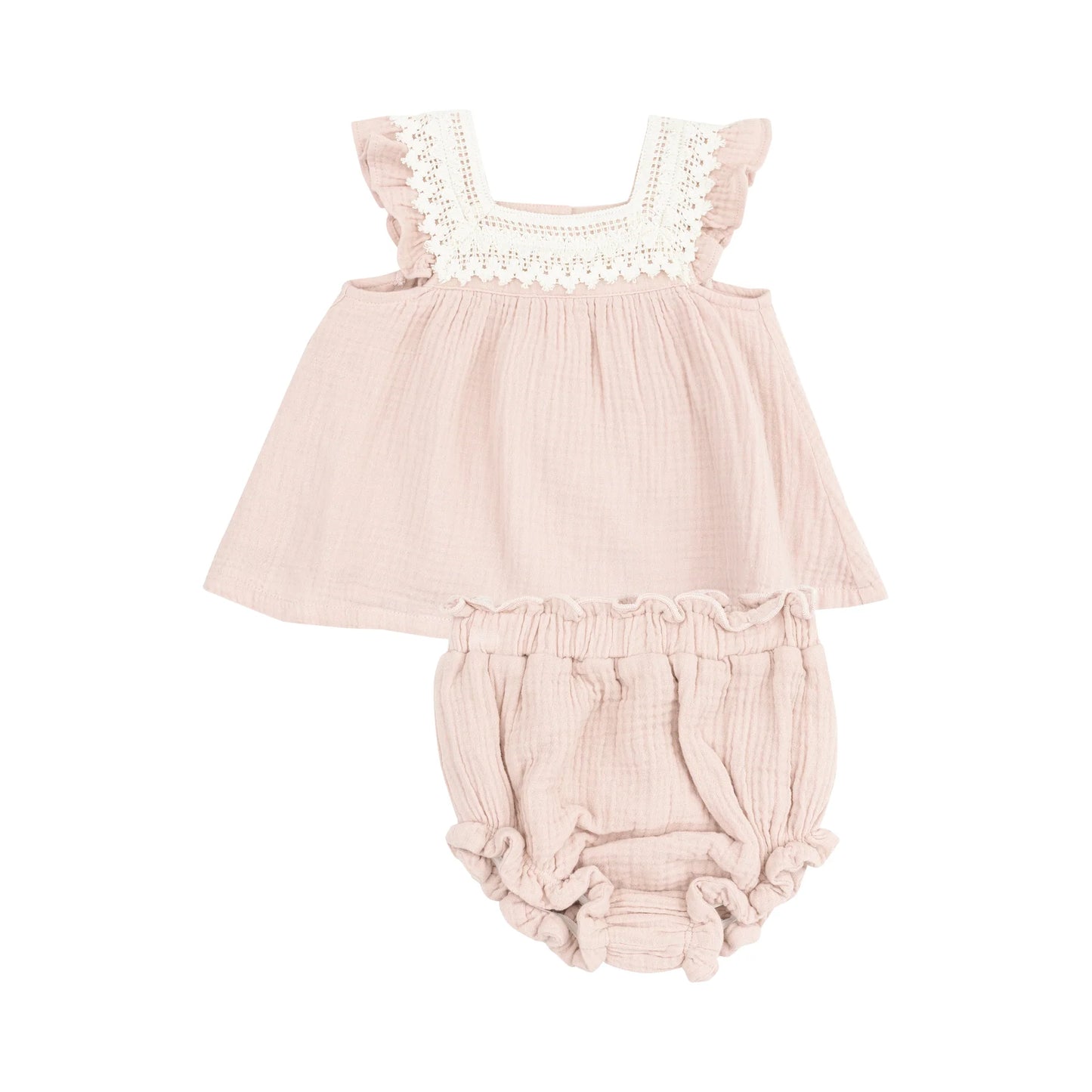 Pinafore with Crochet Heart Lace and High Waisted Diaper Cover || Solid Muslin Rose Smoke