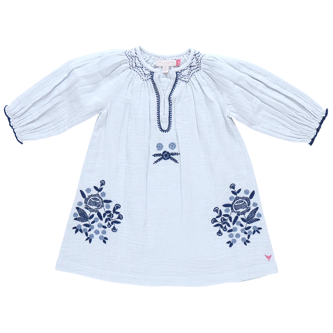 Girls Ava Dress - Wan Blue Embroidery