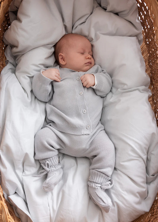 Knit Cardigan, Pant & Hat Set- Aluminum