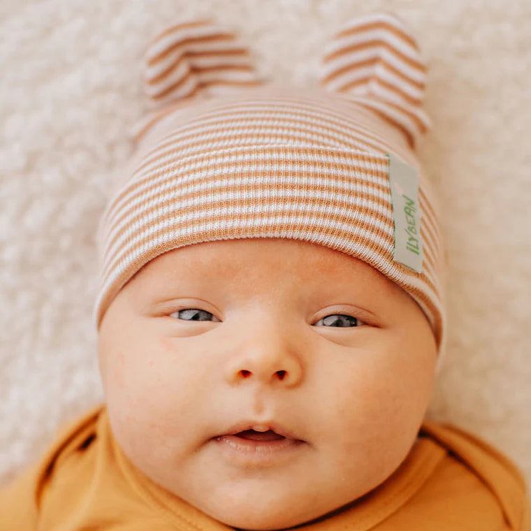Ilybean Tan and White Striped Baby Bear Newborn Hospital Hat