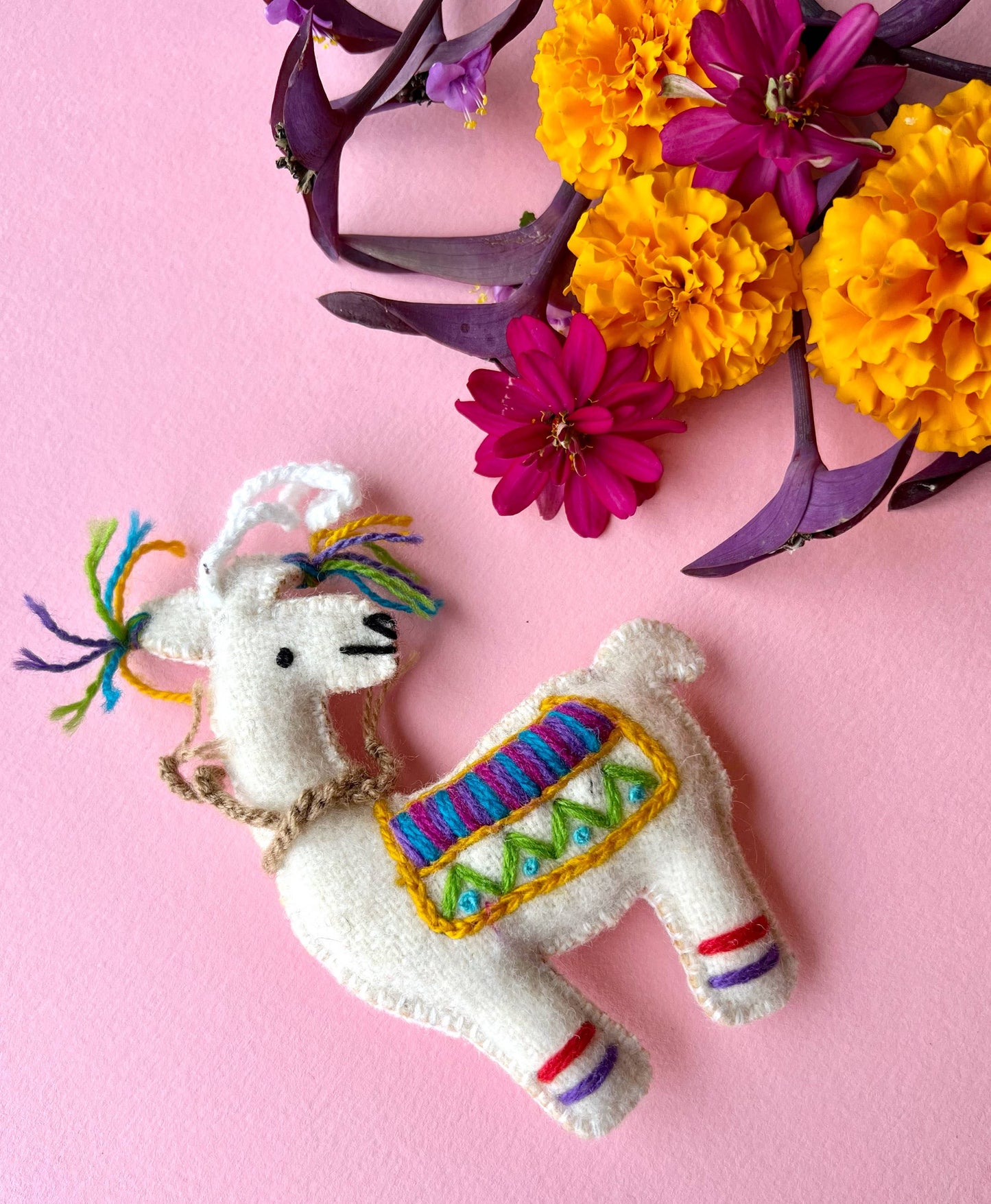 Colorful Llama Embroidered Wool Christmas Ornament