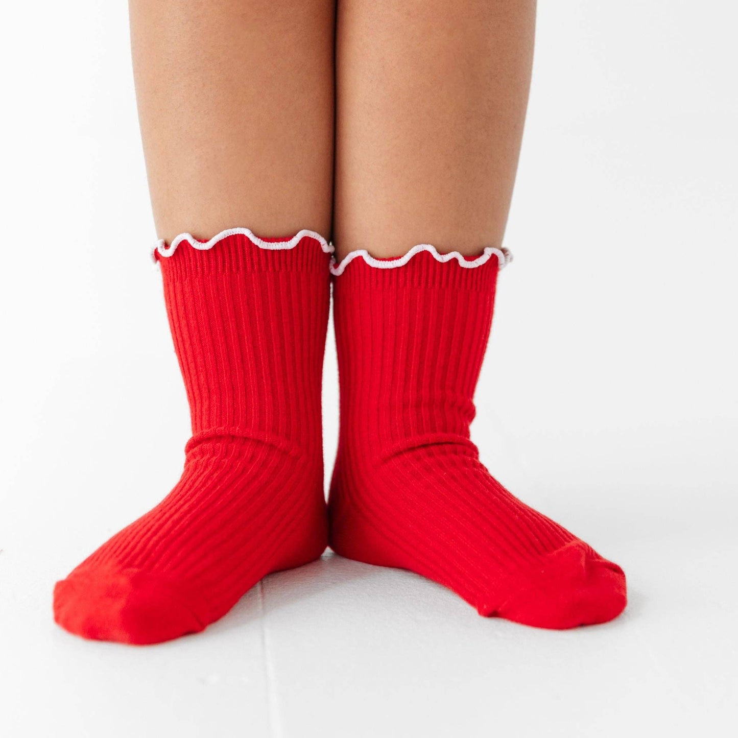Ribbed Lettuce Trim Midi Socks - Red/White