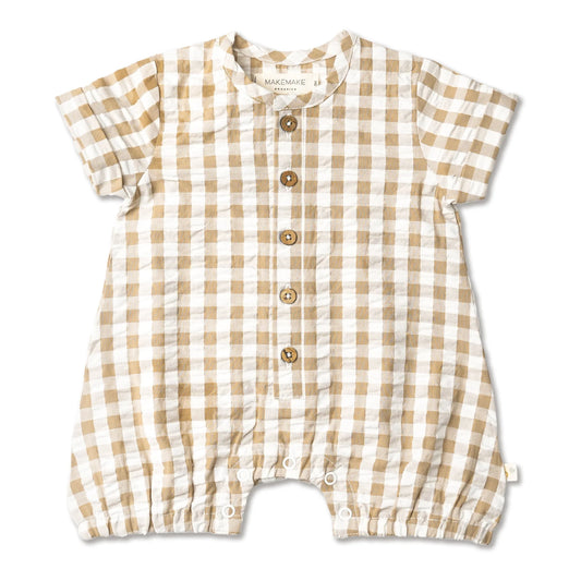 Organic Short Bubble Romper || Brown Chequered