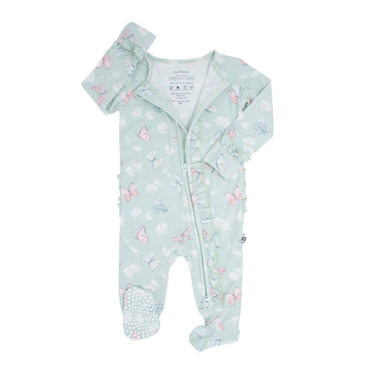 Bamboo Ruffle Footie || Butterfly Daisy Mint