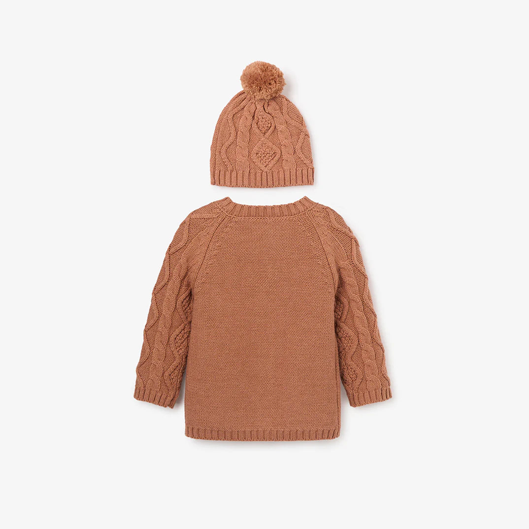 Rust Chunky Diamond Cable Cardigan & Hat Set