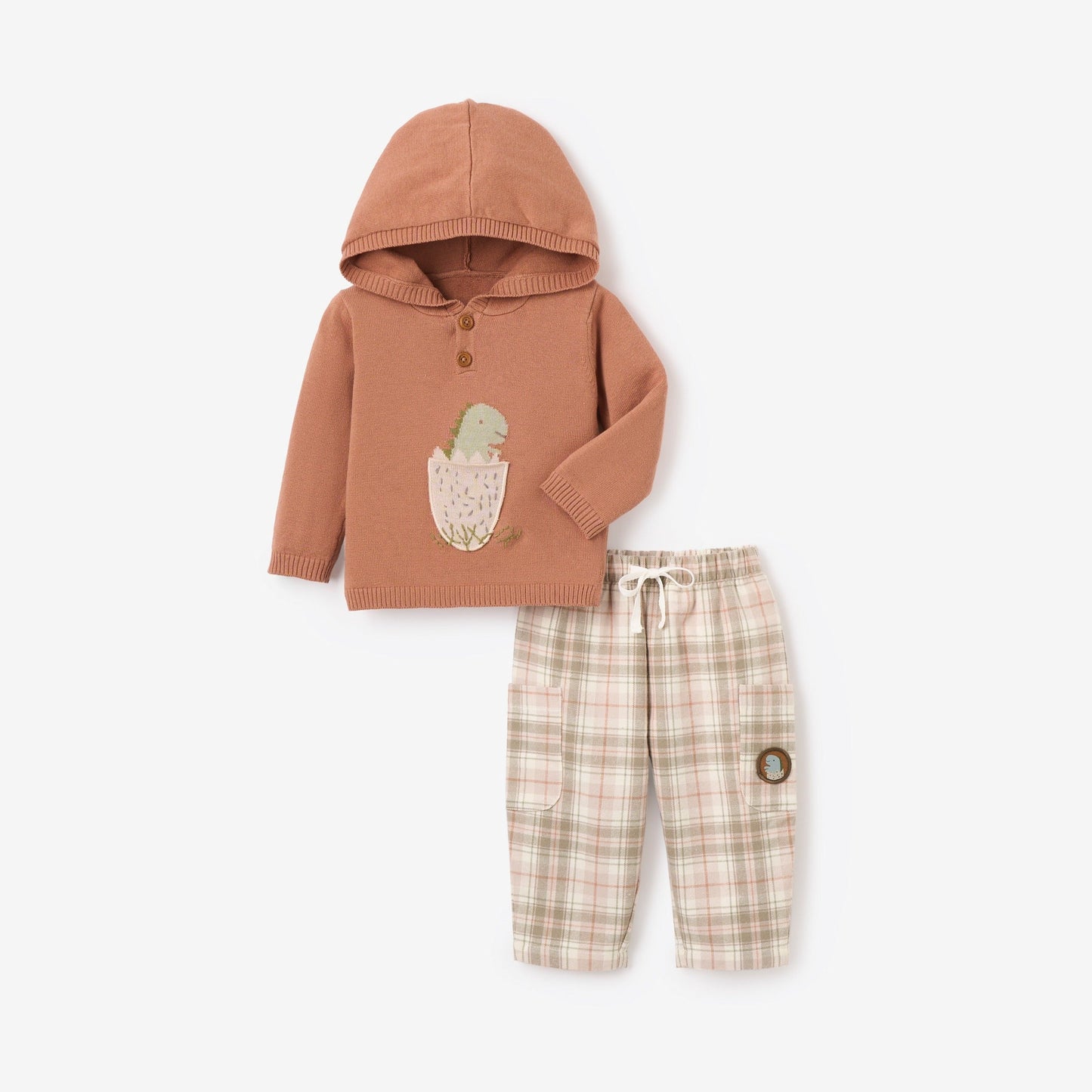 Dinosaur Hooded Sweater & Plaid Pants