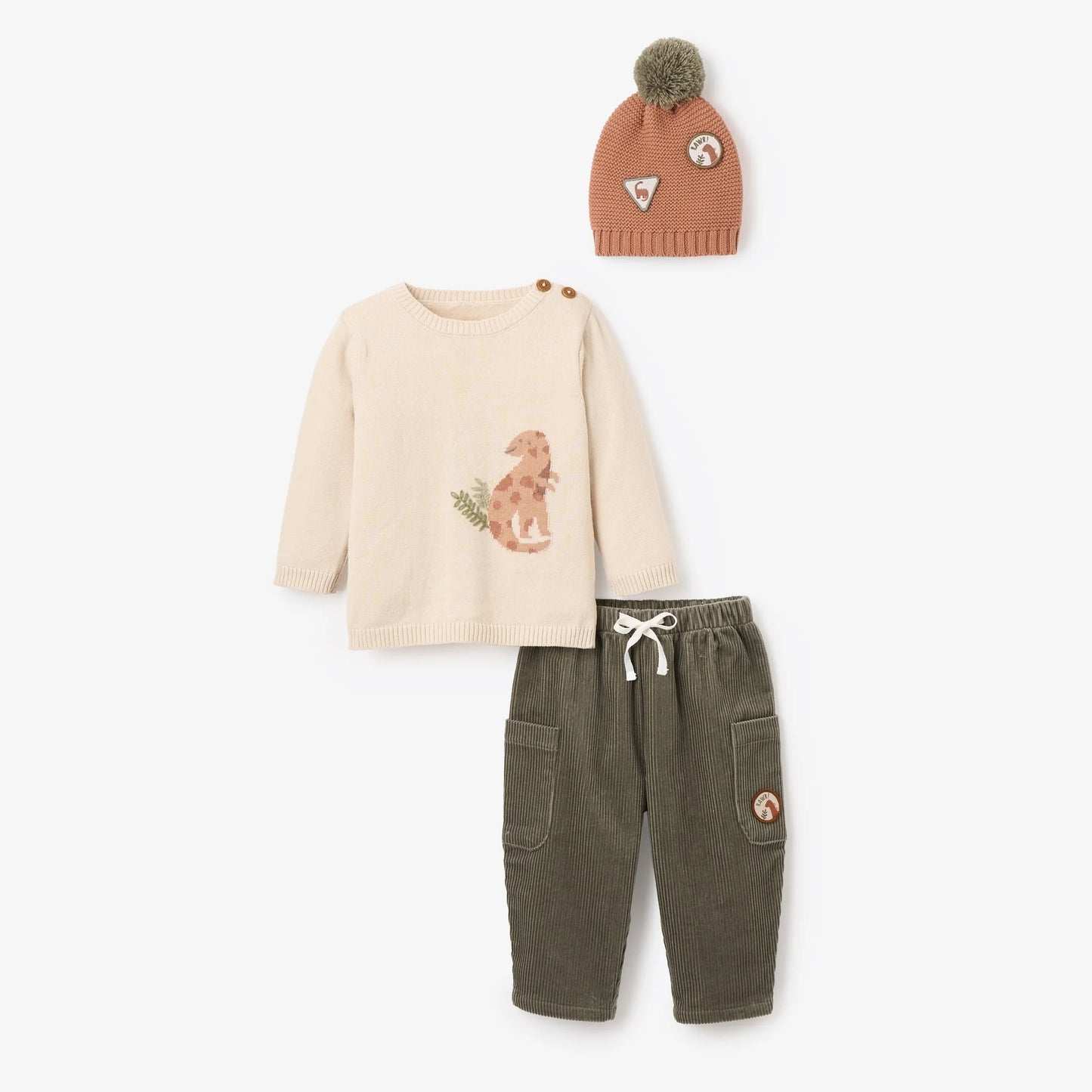 Dinosaur Sweater, Cord Pants & Pom Hat