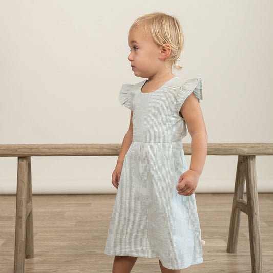 Organic Flutter Summer Dress || Green Stripes