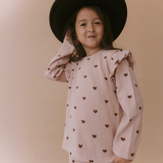 Organic Ruffle Long Sleeve Top - Set of Two- Hearts & Dusty Rose