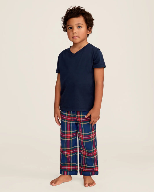 Petite Plume Kid's Brushed Twill Pajama Pant and Navy T-Shirt Set || Windsor Tartan
