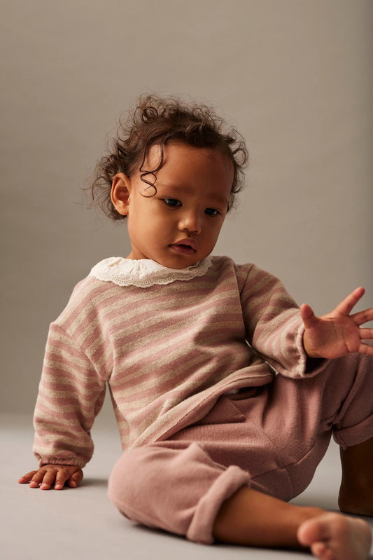 Soft Stripes Knit Baby Collar Sweater || Silver Pink