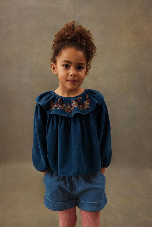 Girls Eneila Blouse and Pant Set || Teal Blue Corduroy