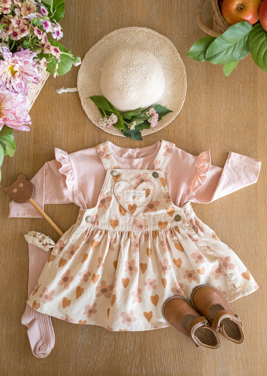 Heart Pocket Overall Cotton Corduroy Dress and Top Set