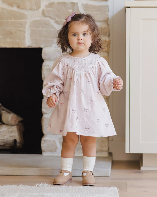 V Smocked Dress || Purple Bows