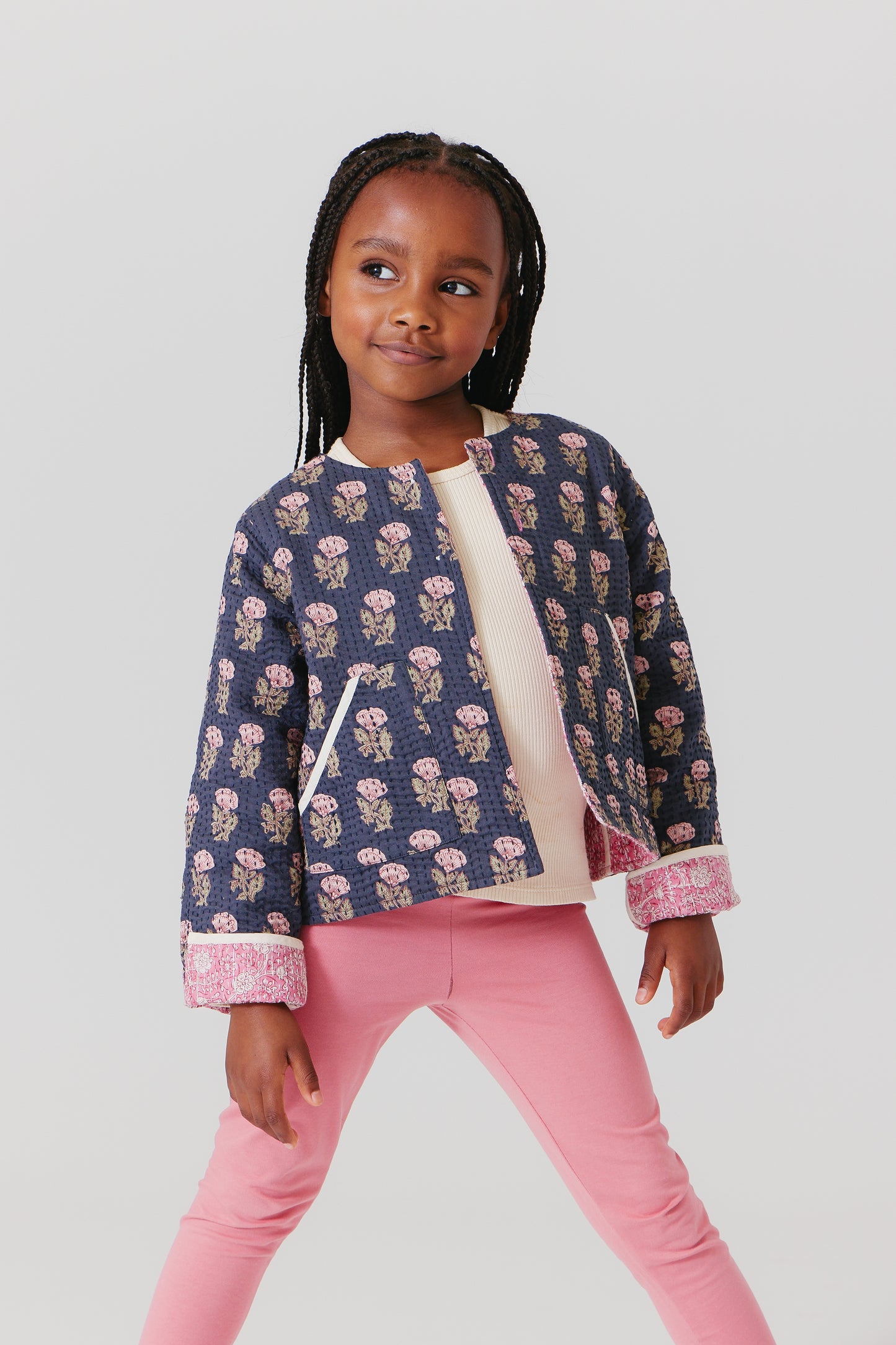 Girls Reversible Quilted Jacket Hot Pink Garden Floral