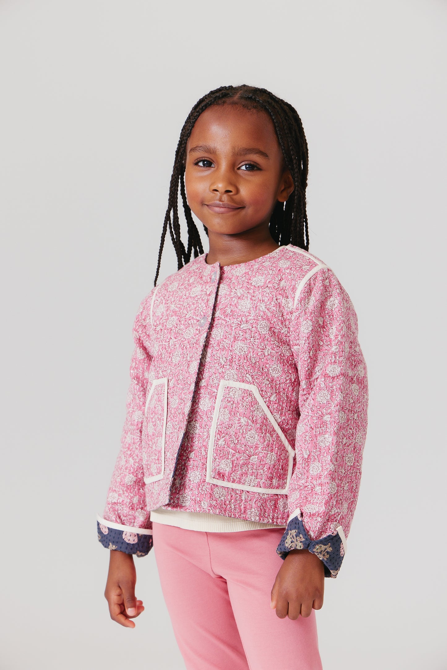 Girls Reversible Quilted Jacket Hot Pink Garden Floral