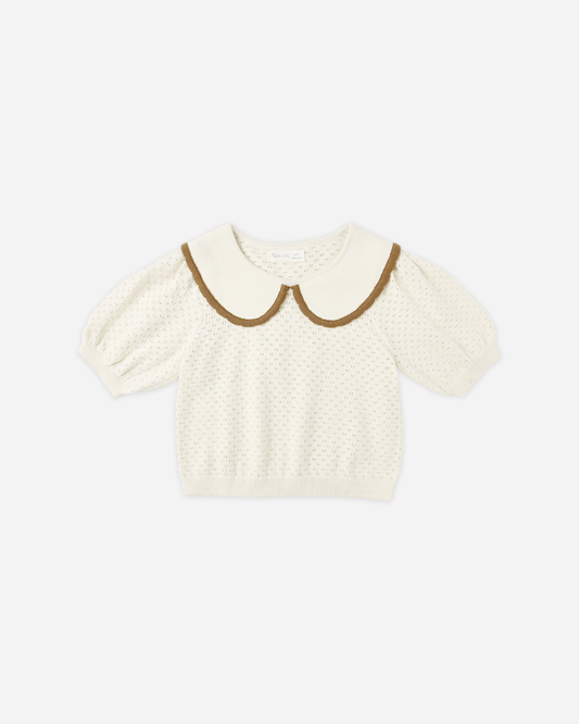 Pointelle Collared Top & Knit Pant Set|| Natural