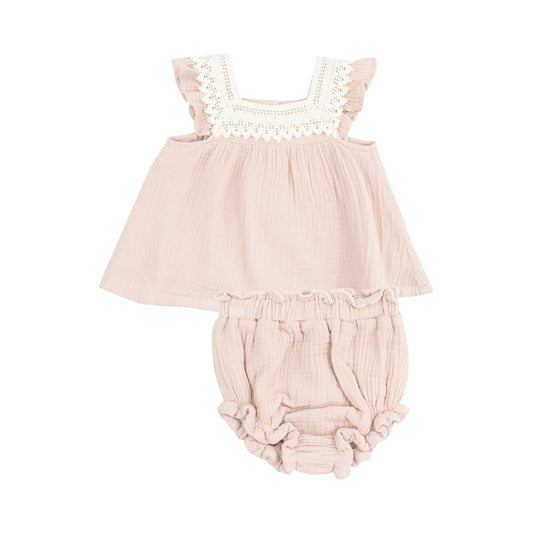 Pinafore with Crochet Heart Lace and High Waisted Diaper Cover || Solid Muslin Rose Smoke