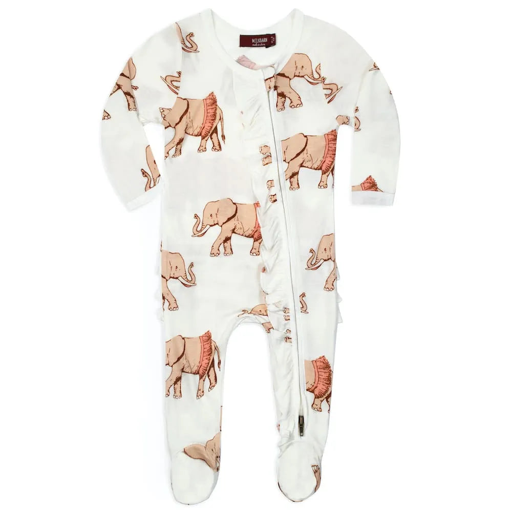 BAMBOO RUFFLE ZIP FOOTED ROMPER TUTU ELEPHANT