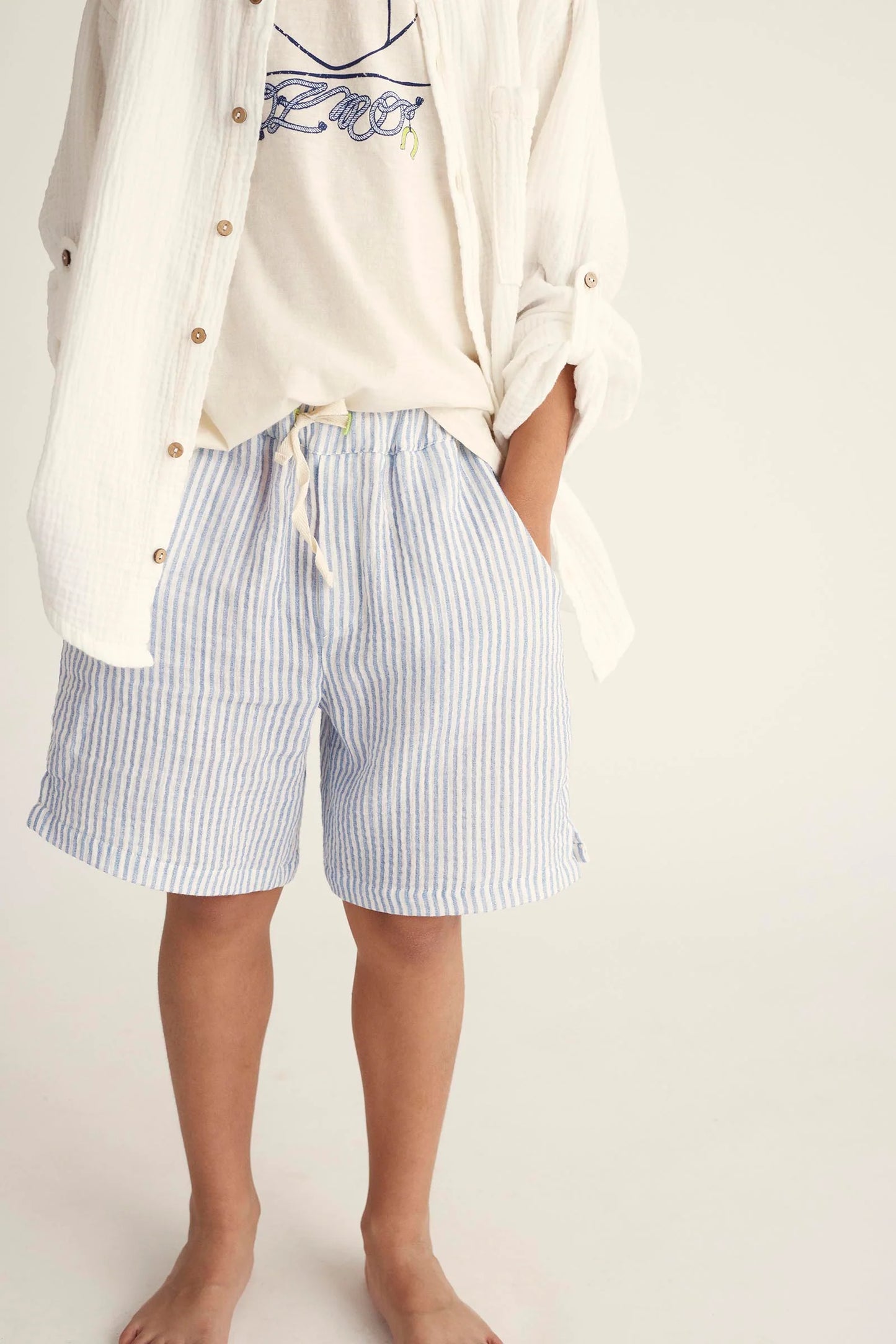 Striped Gauze Bermuda Shorts || Blue