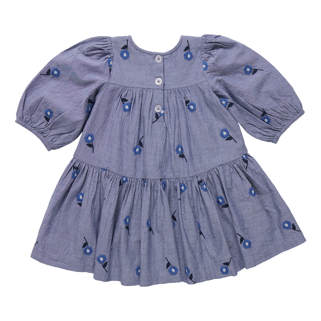 Girls Fiona Dress || Blue Blossom Embroidery