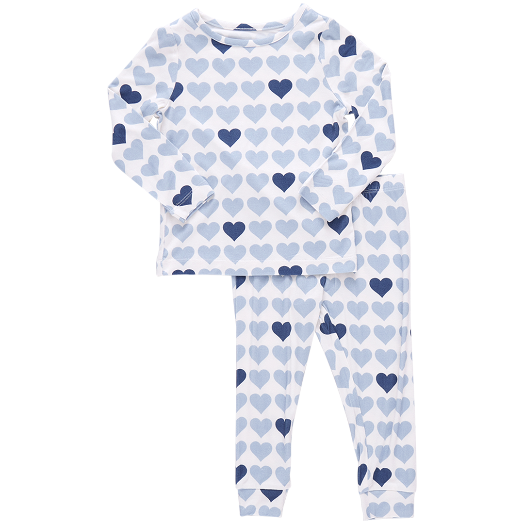 Kids Bamboo PJ Set Blue Tiny Hearts