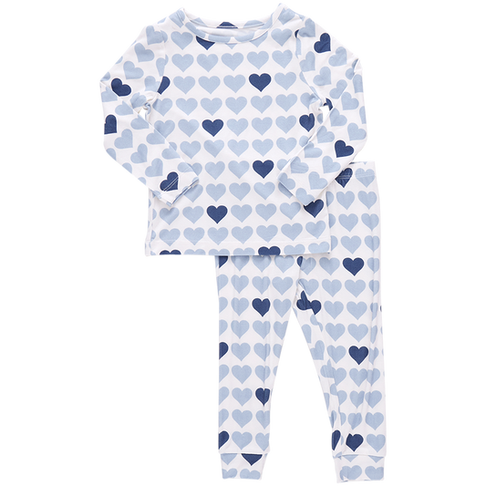 Kids Bamboo PJ Set Blue Tiny Hearts