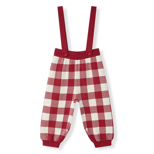 KNIT SUSPENDER PANTS RED GINGHAM