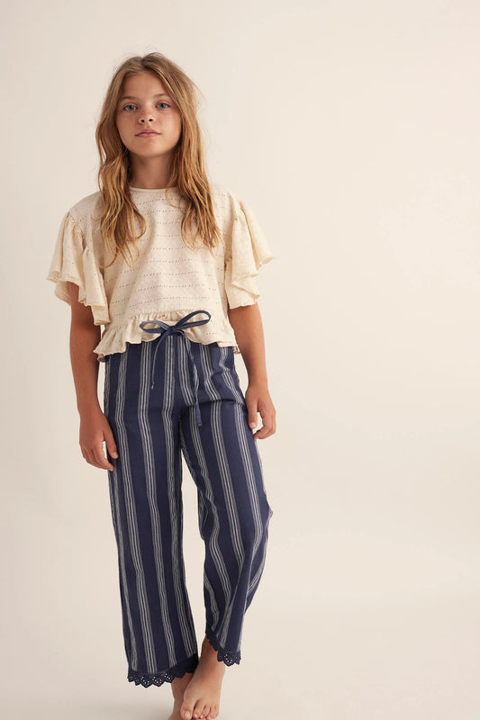 Organic Striped Ruffle Pants || Navy