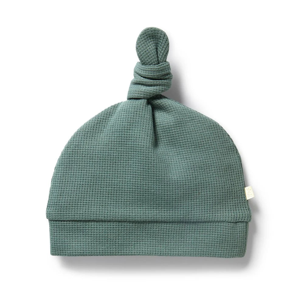 Pine Green Organic Waffle Zipsuit & Matching Knot Hat