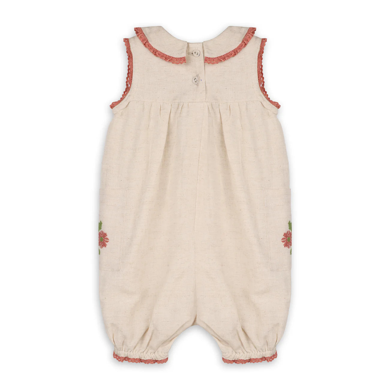 Poppy Floral Embroidered Sleeveless Baby Romper (Natural Linen Blend)