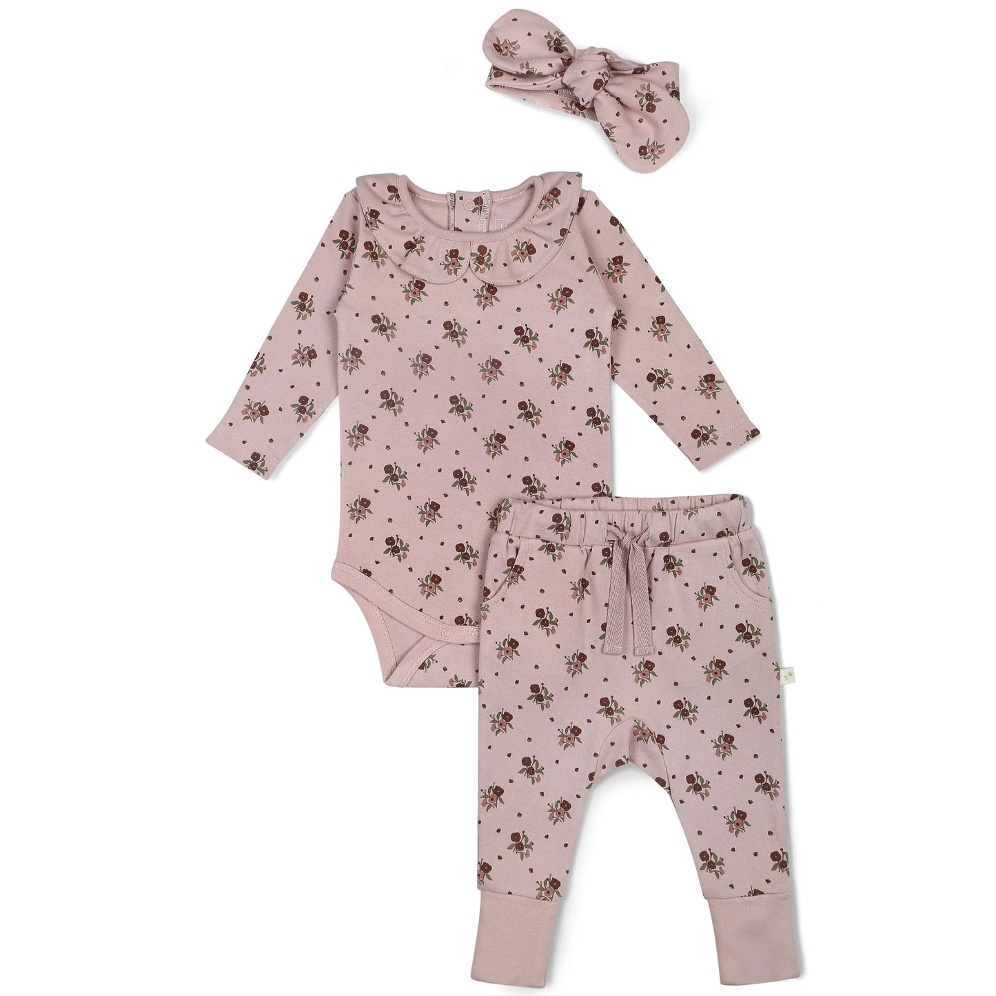 ORGANIC RUFFLE ONESIE AND PANTS SET ROSE DITSY