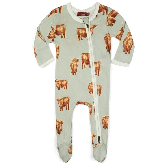 BAMBOO ZIP FOOTED ROMPER HIGHLAND COW