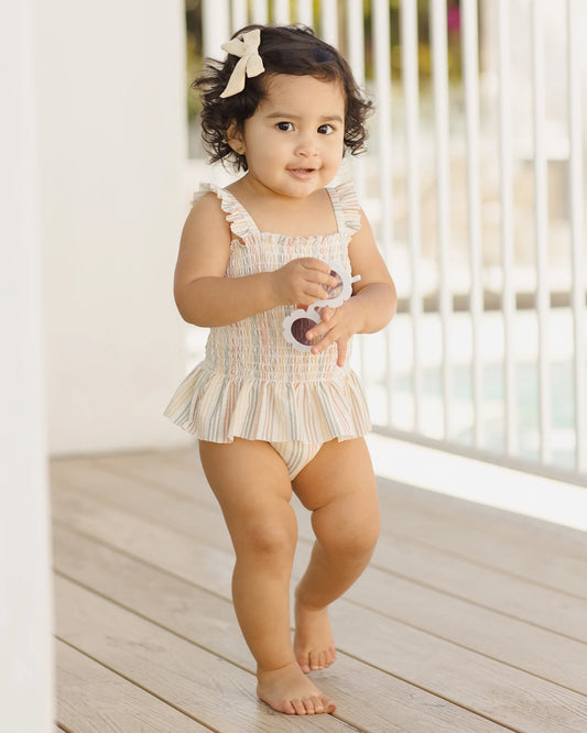 Smocked One-Piece Swimsuit || Multi Stripe