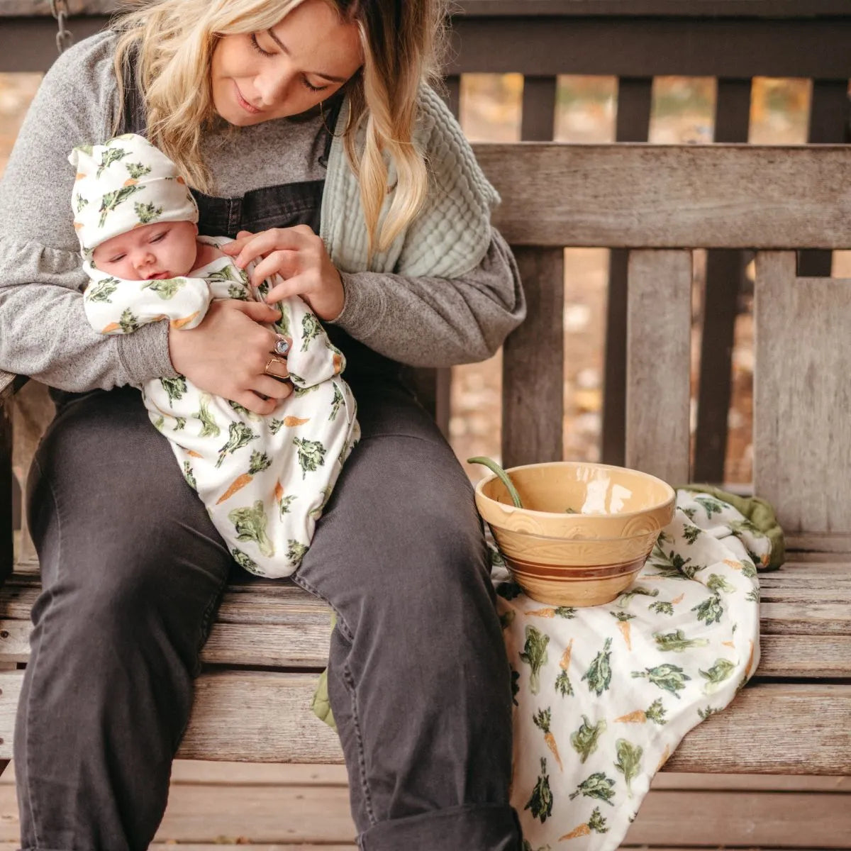 ORGANIC NEWBORN GOWN HAT SET FRESH VEGGIES