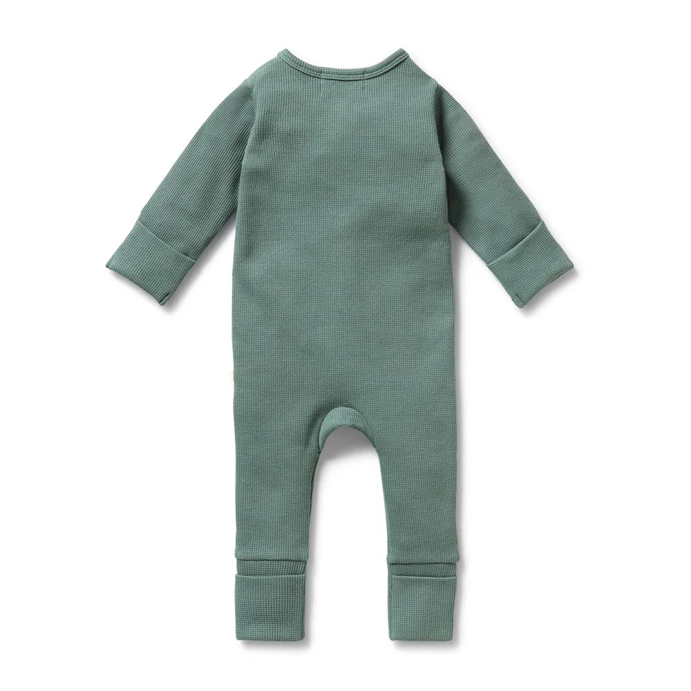 Pine Green Organic Waffle Zipsuit & Matching Knot Hat
